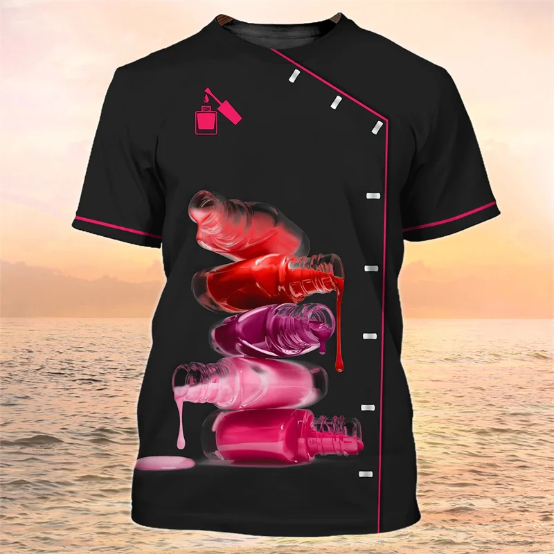 Manicure Pattern T-Shirt For Women Fingernail Polish 3D Printed Tees Summer Loose Tops Uniforms Short Sleeves O-Neck T Shirts