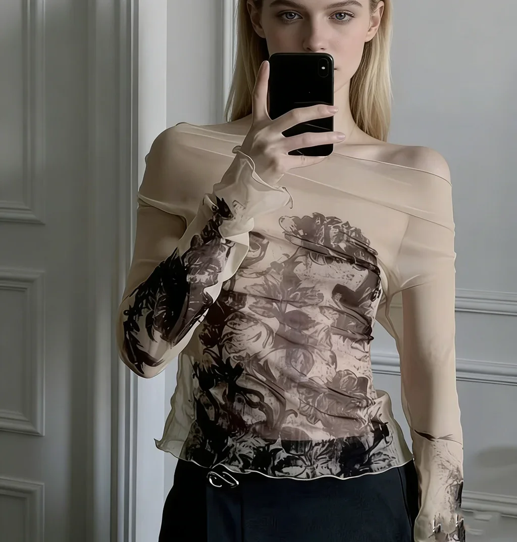 Women's Sexy Halter Off Shoulder Sheer Mesh TopFloral Print See Through Long Sleeve Party BlouseOff-the-shoulder see-through wom