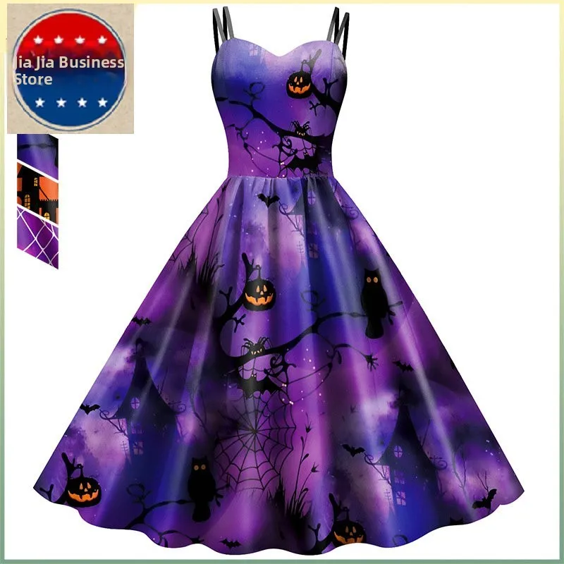 2024 loween Digital Print Dr Women's New Arrival Gown with Bat Pumpkin Motifs Sweet Sle High Waist Long Skirt