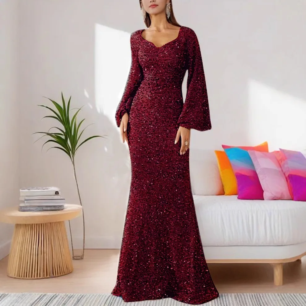 2025 New Fashion V-Neck Bodycon Sequin European and American Style Midi Dress with Flared Sleeves Long Evening Gown