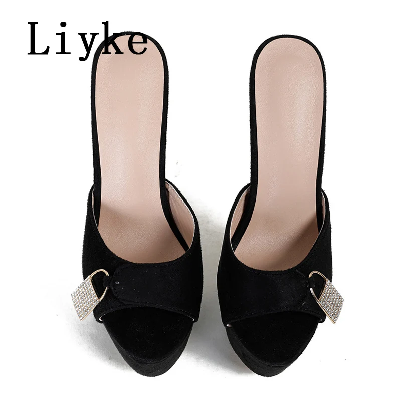 Liyke Summer Fashion Metal Extreme Platform Slippers Women Sexy Peep Toe Stiletto Heels Sandal Ladies Club Stripper Shoes Slider