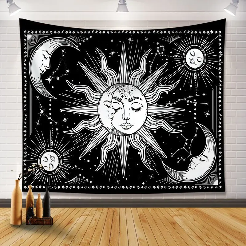 VIKAMA Sun Moon Zodiac Astrology Tapestry Black Galaxy Print Wall Hanging Celestial Aesthetic Bedroom Dorm Decor Cloth
