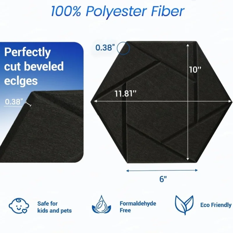 Polyester Fiber Black Hexagon Self‑Adhesive Acoustic Felt Panels Sound Absorbing Wall Tiles Soundproof Panel for Studio Office