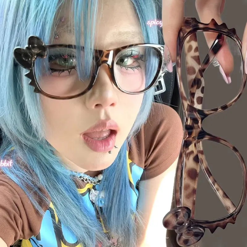 Kitty Cat Y2K Eyeglass Frame Anime Vintage Glasses Kawaii Leopard Print Eyeglass Frame Cute Photo Props Eyewear Decorative Gift