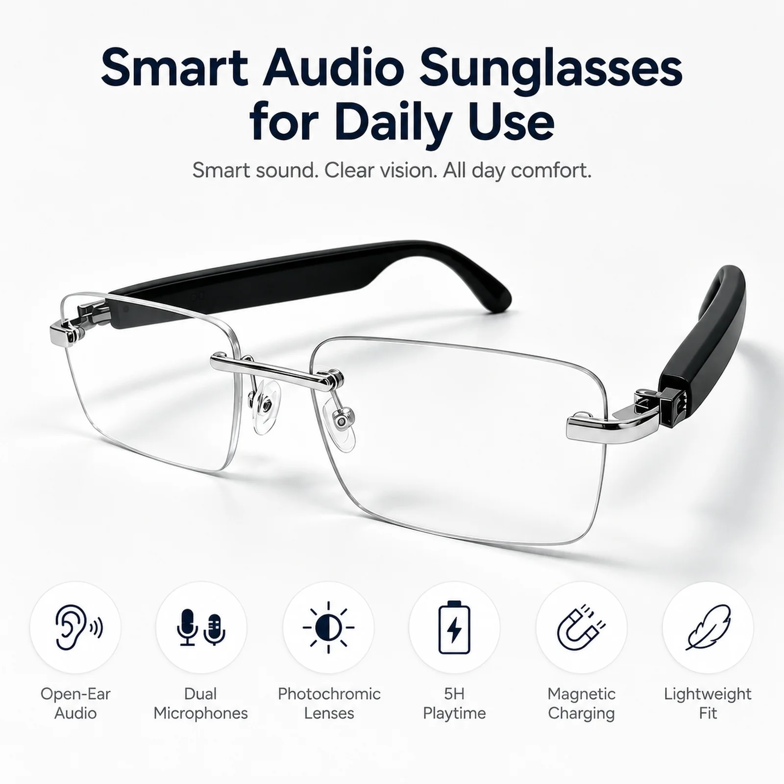 Bluetooth Smart Sunglasses, Photochromic Smartglasses and Open Ear Audio Glasses with Dual Mics for Calls and Outdoor Use - view 2