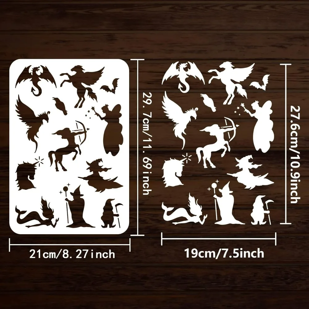 Magical Stencils 8.3x11.7 inch Witch Stencils Template Plastic Dragon, Rainbow Horse, Mermaid, Fairy, Little Dwarf Pattern