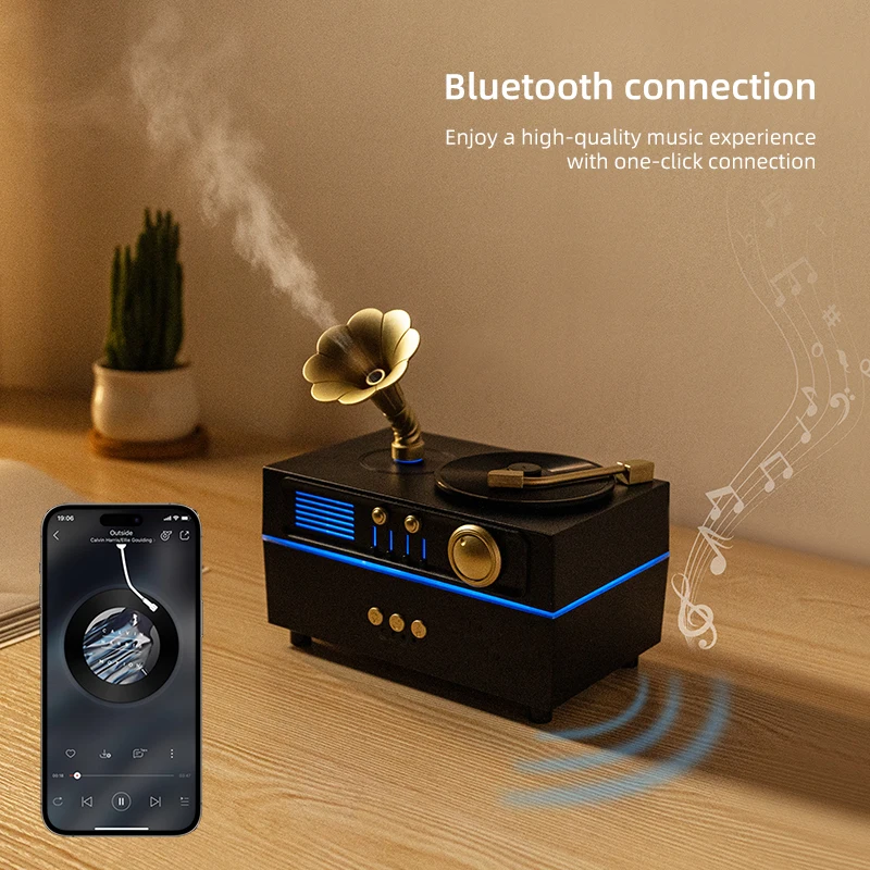 Unique Christmas Gift - Retro Gramophone Humidifier with Touch Control, Home Desk Ornament Retro Speaker Aroma Diffuser