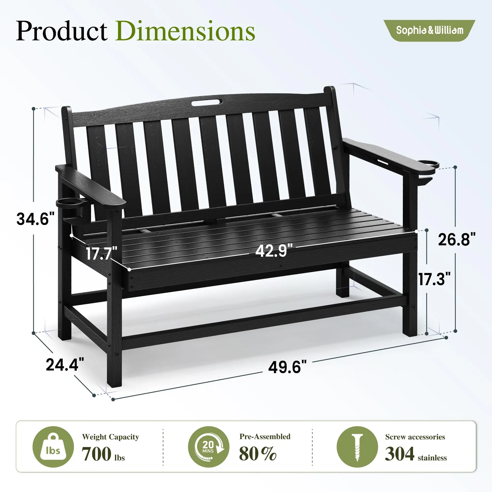 HDPE 2-Person Outdoor Bench, Reinforced Structure, Black