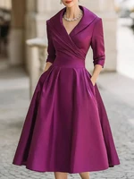 Robe de soirée mi-longue en satin pour femmes, col en V, manches longues, coupe A-line, avec poches, robe formelle pour la mère de la mariée. 3