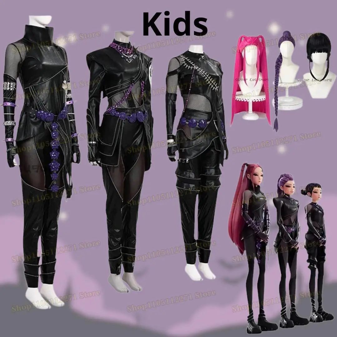 

Kpop Demons Hunters Rumi Cosplay Costume Wig Black Leather Battle Suit Adult Women Coat Pants Belt Gloves Halloween Party
