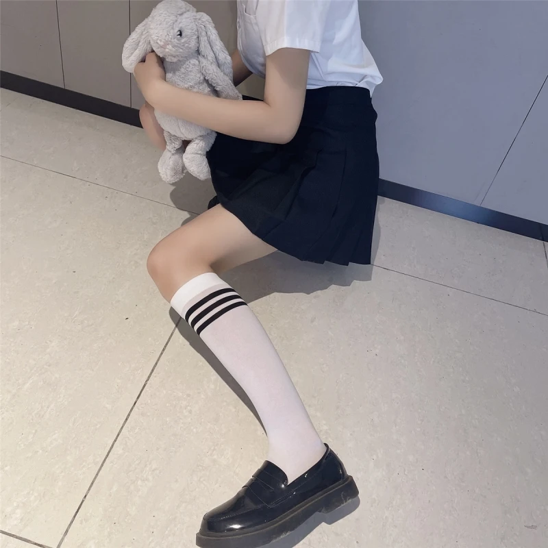 Japanese Ins‑Style White Striped Velvet Socks Women Sweet College JK Mid‑Calf Over‑Knee Stockings Comfort Hosiery Daily Looks
