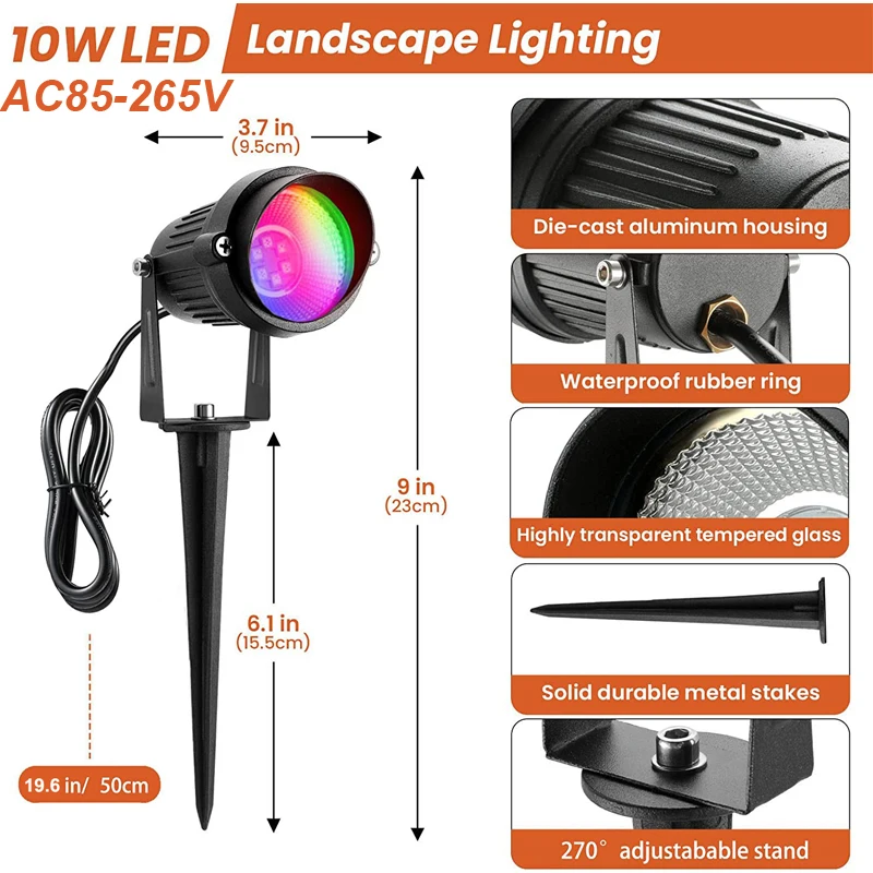 RGBW LED Landscape Lighting 10W Color Change Landscape Light with Remote 110V 220V IP65 Waterproof Outdoor Spotlights with Spike