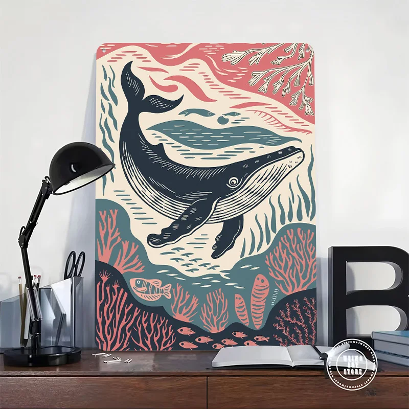 Whale in the Ocean Linocut Print Personalized 3D Textured Metal Poster Wall Art Vintage Tin Signs for Home Decorations Wand Deko