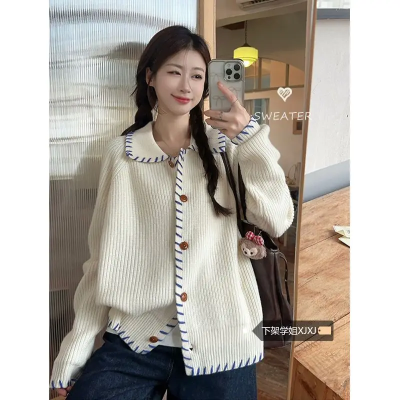

Polo Collar Knitting Cardigan Coat Women Autumn Winter Simplicity Office Lady Solid Color Sweater Trend All-match Knitwear Tops