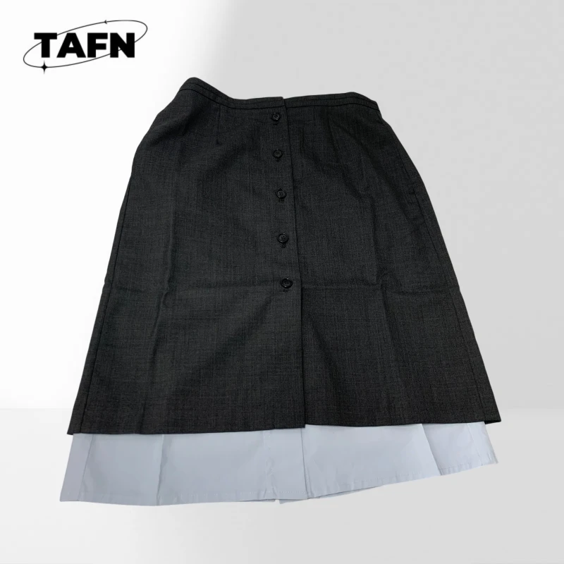 WOOL Fake Two‑Piece Midi Skirt High Waist Button Front Grey White A‑Line Skirt Elegant Office Lady Casual Mid‑Length BH1624