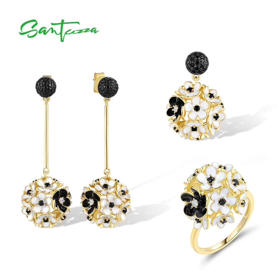 

SANTUZZA 925 Sterling Silver Jewelry Set For Women Cluster Round White Black Flower Enamel Pendant Earrings Ring Fine Jewelry