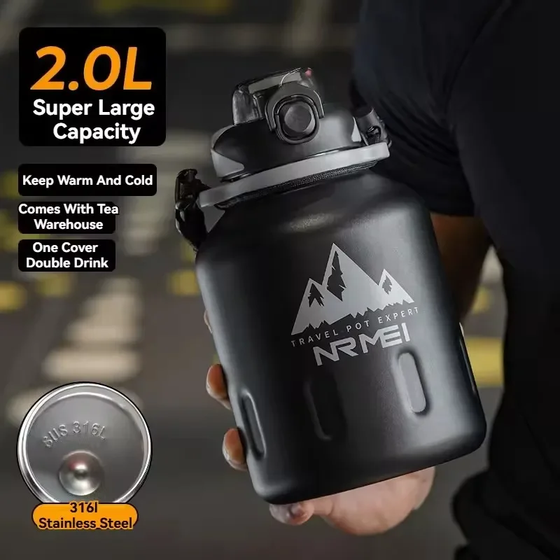 

2L Stainless Steel Bottle Thermos Insulated Tumbler Outdoor Sports 316 Vacuum Flask with Rope and Straw Bottle
