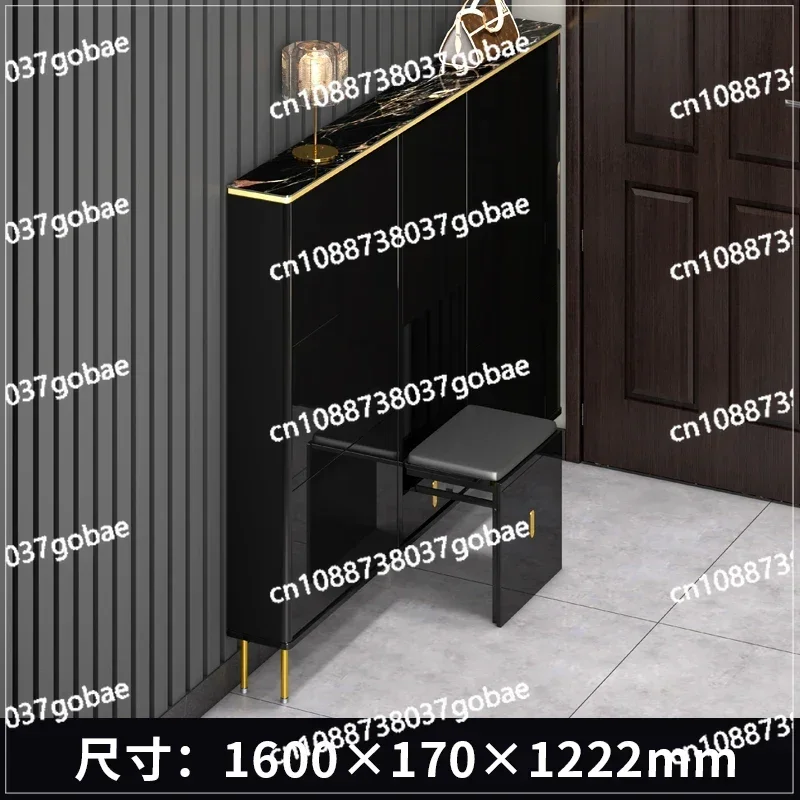Zapatero ultrafino negro con losa de roca ZC, puerta de entrada para el hogar de 17cm, cubo basculante estrecho, gabinete de entrada