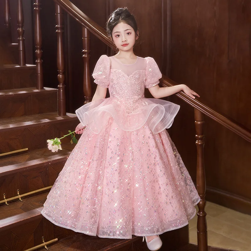 Girls' Summer New Sweet Cute Sequined Skirt High-End Host Birthday Performance Light Luxury Piano Performance Princess Dress