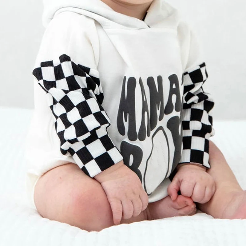 Baby Boy Fall Clothes Long Sleeve Pullover Checkerboard Hoodie Romper Sweatshirt Mama Boy Outfits Sweater Jumpsuit