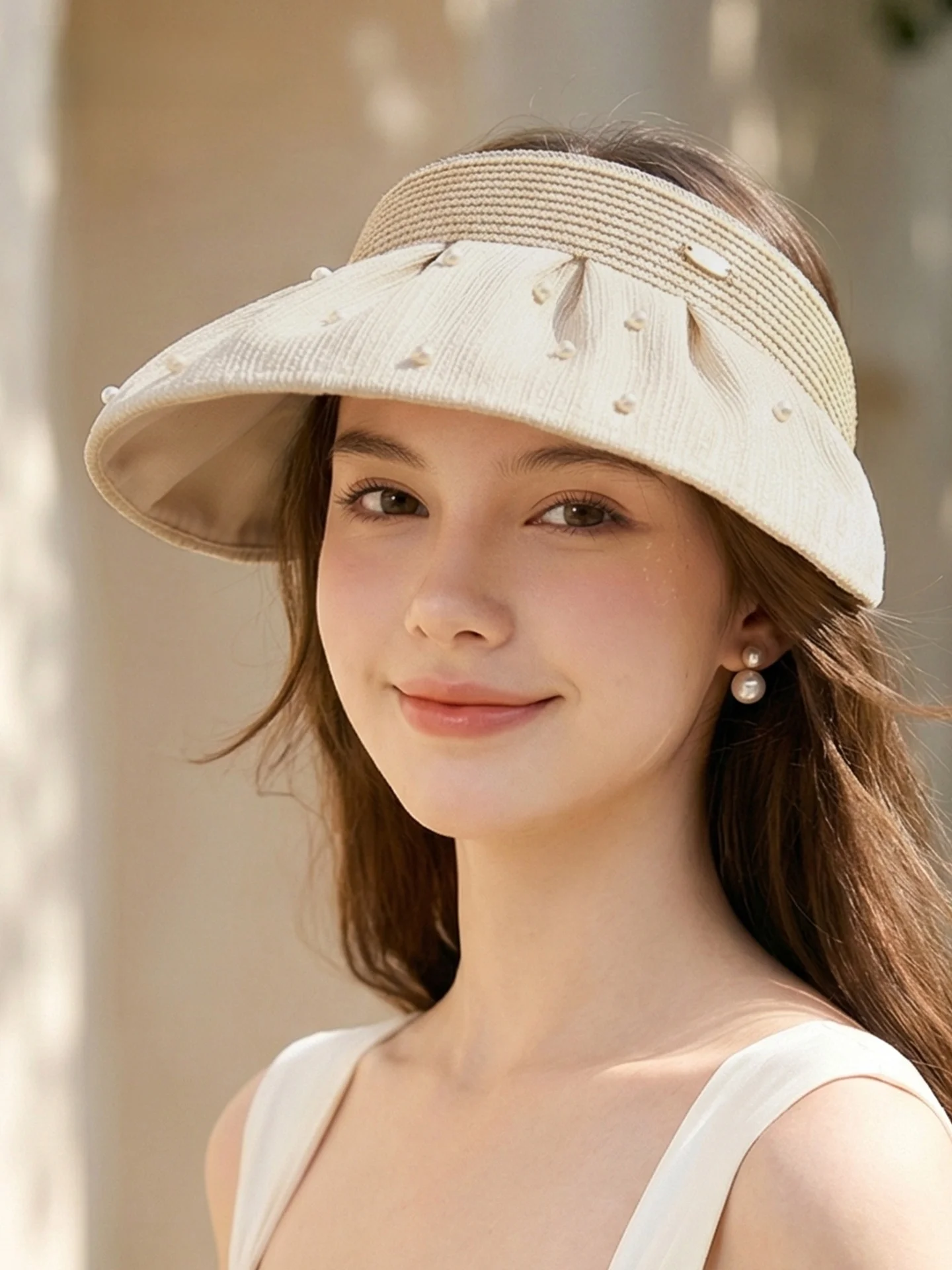 cacuss-シェルスタイルワイドブリムサンハット女性の夏の屋外顔痩せ帽子ホリデーサンハット通気性のある手作りポリエステル