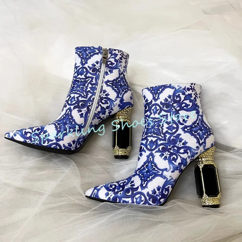 

Luxury gemstones High Heel Women Mid-calf Boots Blue and white porcelain Prints Pointed Toe Zipper Side Short Boots Ladies Shoes