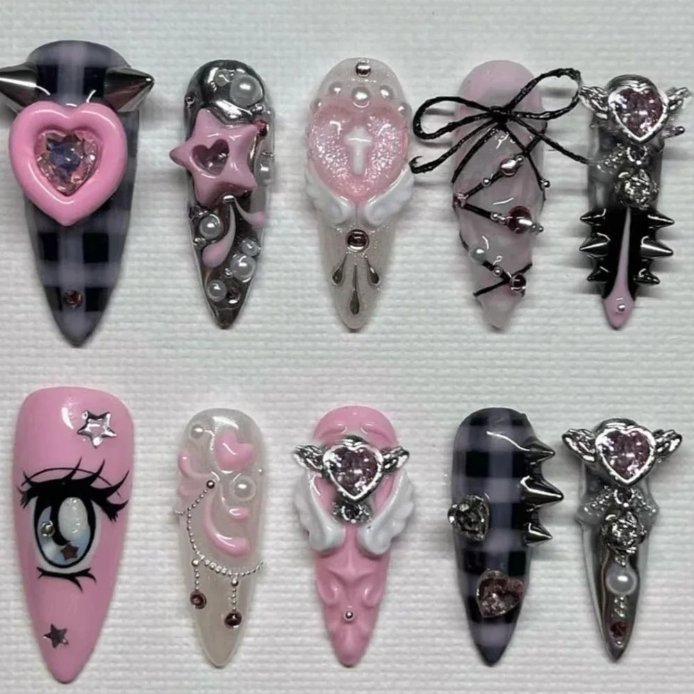 

10Pcs Handmade Y2K Shiny Rhinestone Nail Hearts Bows Snowflakes Geometric Studs Press On Nail Manicure Girl's Birthday Gifts