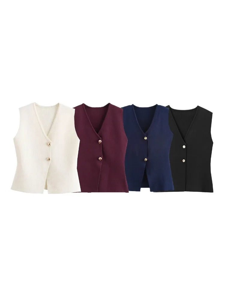 Women V-neck Pleated Knitted Casual Top Metal Vest Button Sleeveless Vest Top Female Clothing 2024 Summer Fashion Lady Outfit