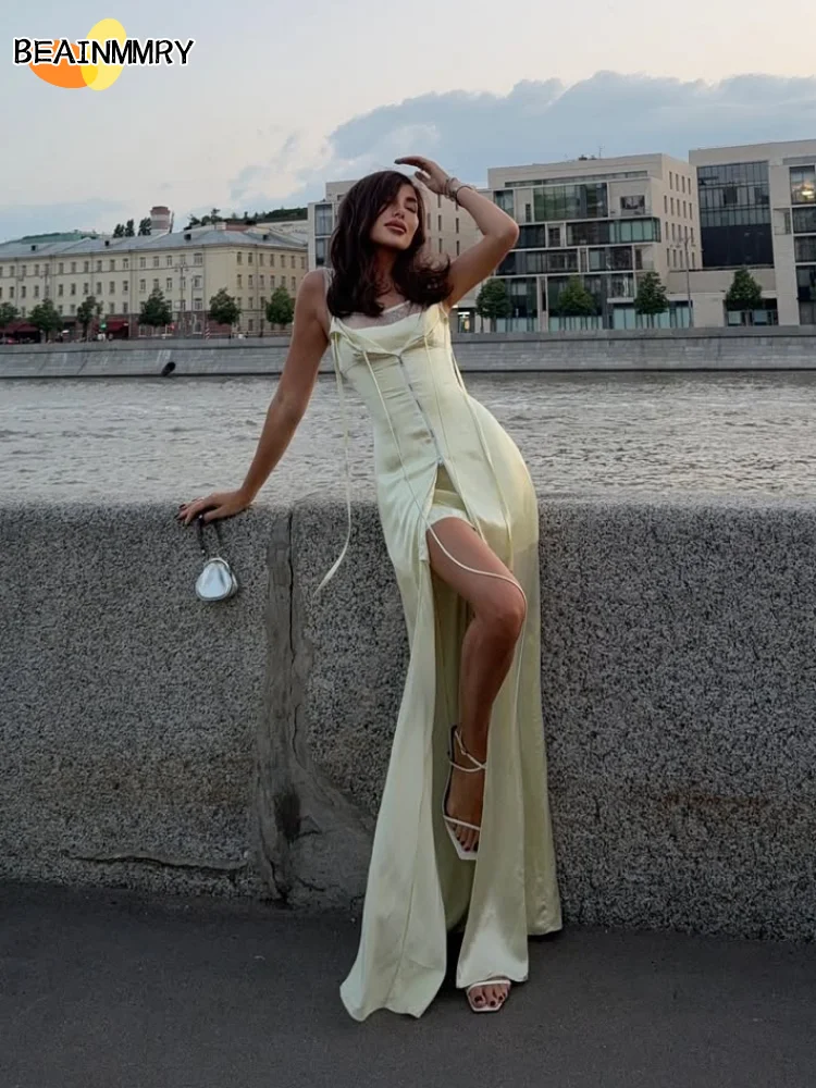 Vrouwen Geel Kant Patchwork Jurk Sexy Lace-up Mouwloos Backless Rits Split Satijnen Jurk 2023 Nieuwe Dame Feestavondjurken