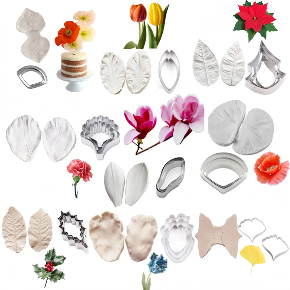 9 Kinds Gumpaste Flower Silicone Veiner Mold & Cutter,Fondant Veiner Mould,GumPaste Poppy Flower Form,TulipSugar Cake Decorating