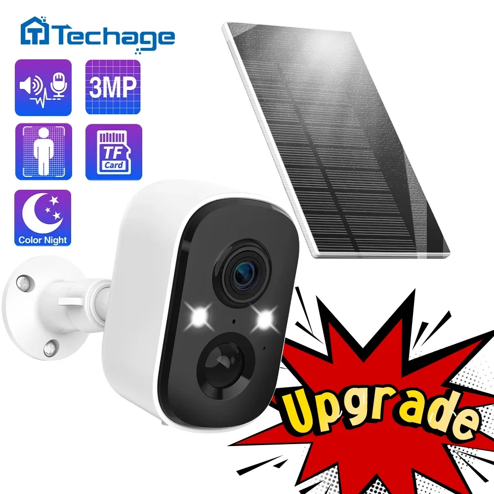 Techage 3MP Wireless Solar Battery Camera Recharge Security WiFi PIR IP Camera Two Way Audio Human Detect Support Alex