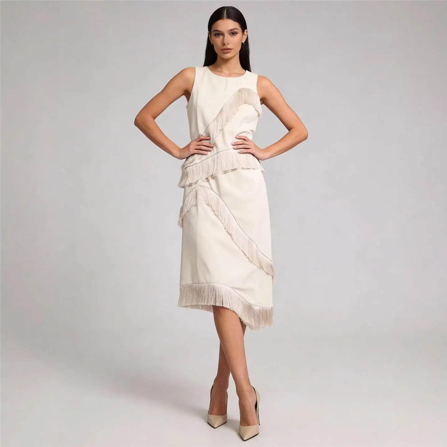 

Модный комплект Ele Faionable Svel Tassel: женский костюм-двойка для похудения, брюки с пайетками и вставками, повседневные, со средней/низкой талией