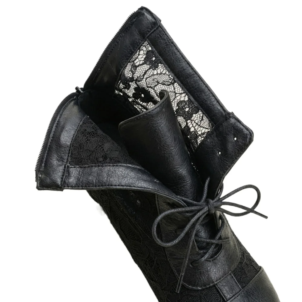 Women Vintage Lace Mid Calf Boots Round Toe Block Heel Lace‑Up Back Zipper Fashion Boots Big Size 32‑50 00-1