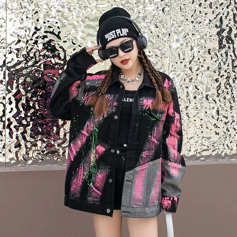 

Fashion Hand-painted Graffiti Printed Denim Jacket Black Women Cowboy Coat Casual Lapel Long Sleeve Jeans Jacket Coat Streetwear