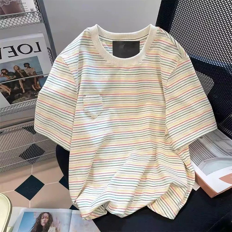 Women Plus Size Up To 150kg Retro Color Striped Straight Shoulder T-shirt Unisex Lazy Loose Pocket Short Sleeve Casual Top 2026