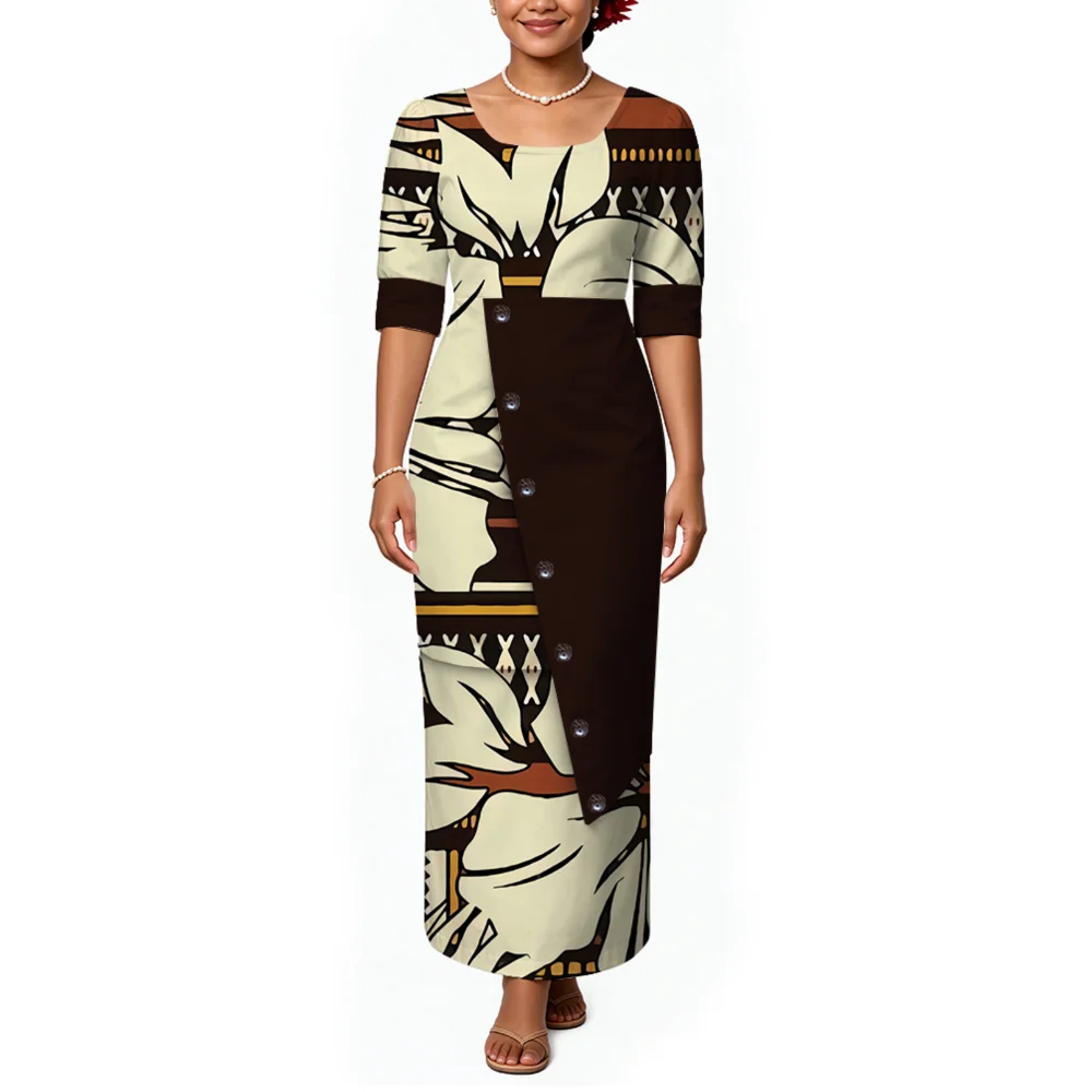 Samoa Tonga Art Design Women'S Long-Sleeved Dress With Sexy Round Neck, Long Skirt Body Hanger Opening Evening Gown