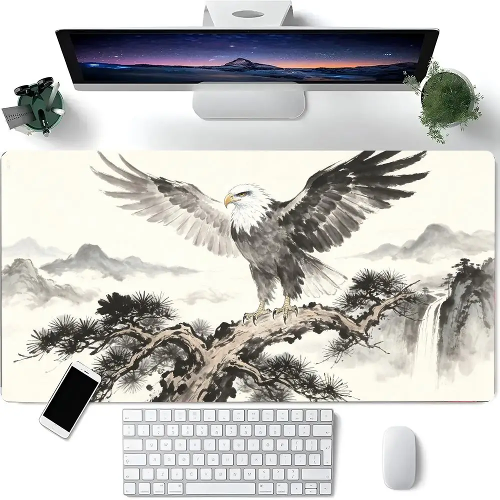 Chinese Ink Eagle Large Mouse Pad Pine Branch Mountain Waterfall Oriental Landscape Art Desk Mat for Office Study Gaming Decor