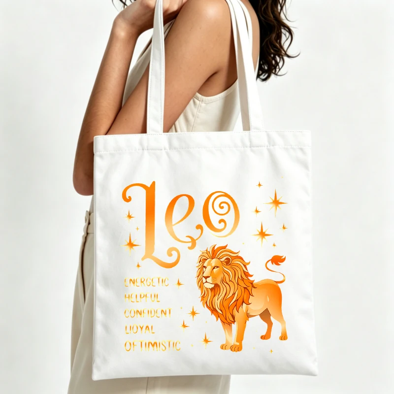 Women's lion graphic canvas tote bag with star print, perfect for casual daily use and summer outings