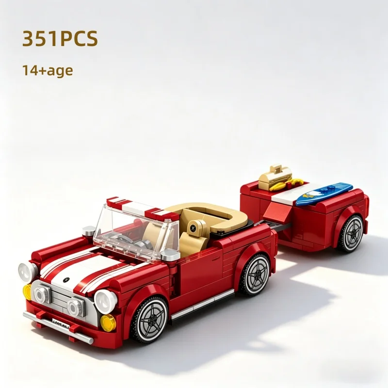 

New Retro Convertible Sports Car Building Blocks Model With Trailer Creative Assembled Ornament Collector's Item For Enthusiasts