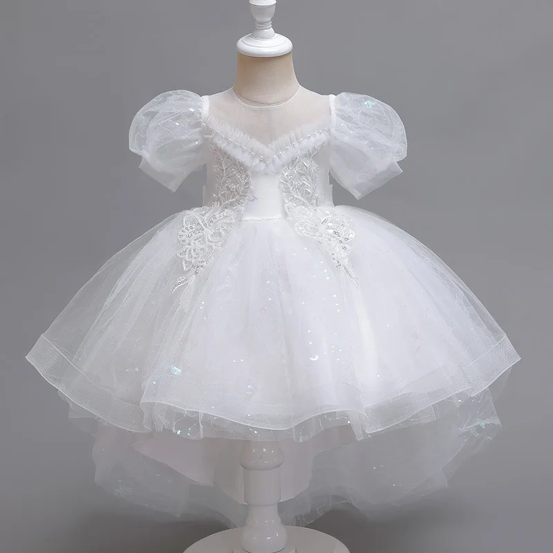 

Children Girl Tuxedo Tail Evening Dress With Puffed Sleeve Mesh Birthday Party Princess Dress Kid Girl Gown