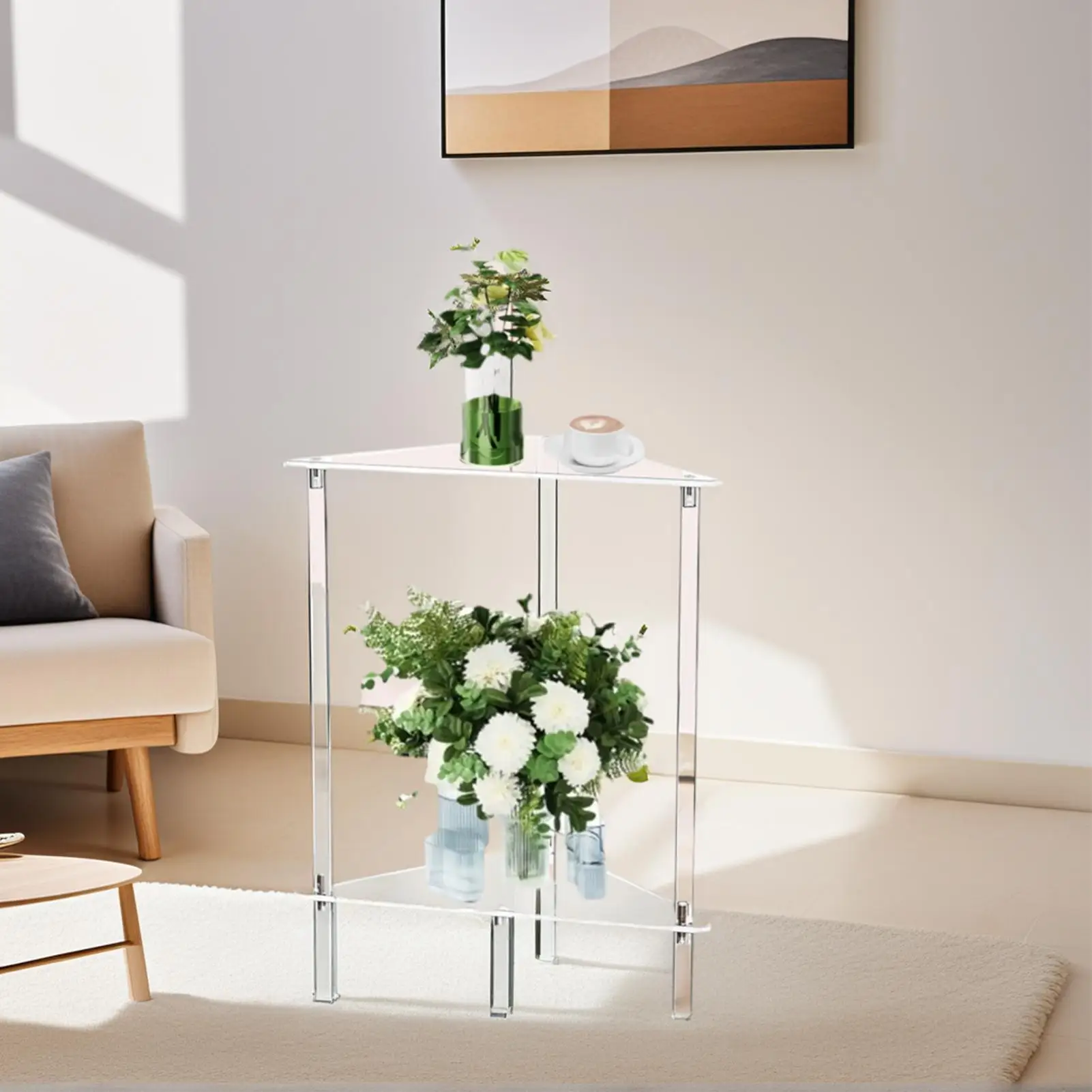 Acrylic Side Table Transparent Bedside Table 2-Tier Modern Triangle Small Spaces Storage Desk Decorative Acrylic Nightstand