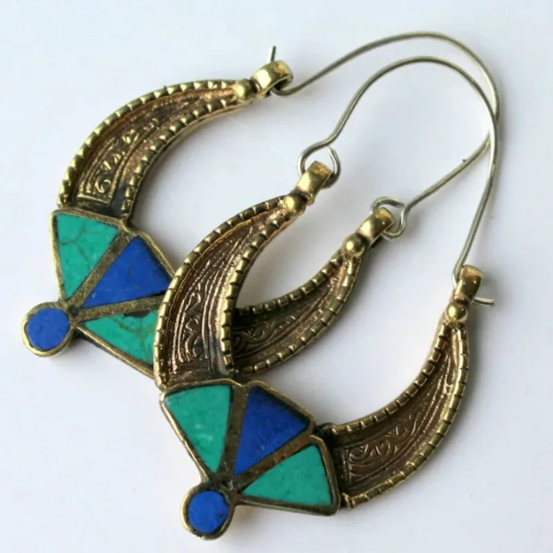 Bohemian Vintage Hoop Dangle Earrings Women Ethnic Enamel Drop Hook Earrings Temperament Golden Color Ear Jewelry