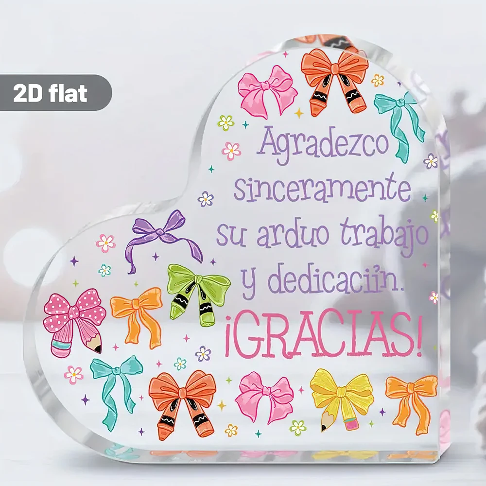2D Flat, Acrylic Heart-Shaped Teacher Appreciation Gifts with Inspirational Spanish Quote - Perfect for Birthdays