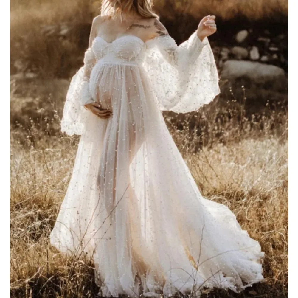 Babyshower Gown Photo Shoot Pregnant Maternity Photography Props Dress Dense Pearl White Yarn Maternity Photography Clothing