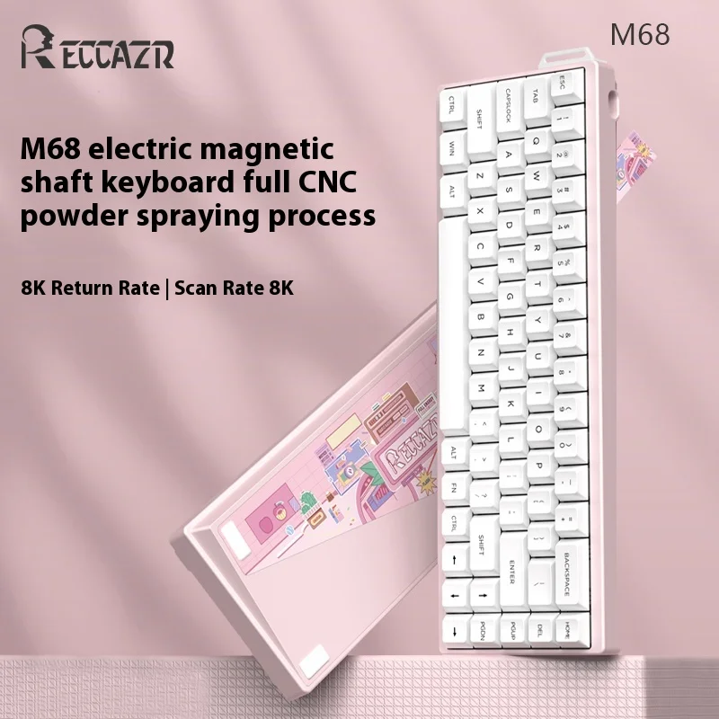 RECCAZR M68 Customized Magnetic Gaming Keyboard CNC Aluminum Shell Pink Version Dynamic RGB Keycaps Switch Hot Swap 0.02mm RT