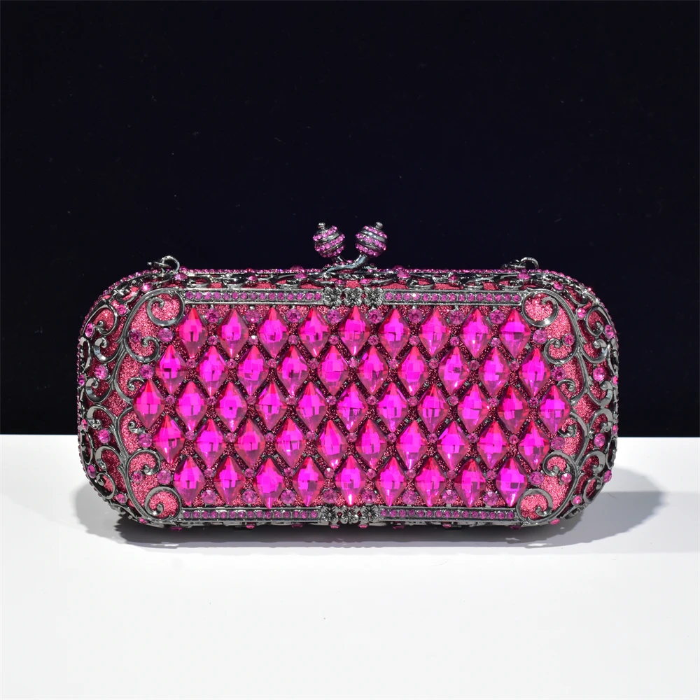 New Arrival Fuchsia Color Crystal Evening Bags Women Evening Bag with Rhinestone Luxury Clutch Banquet Bag Bride Wedding Party