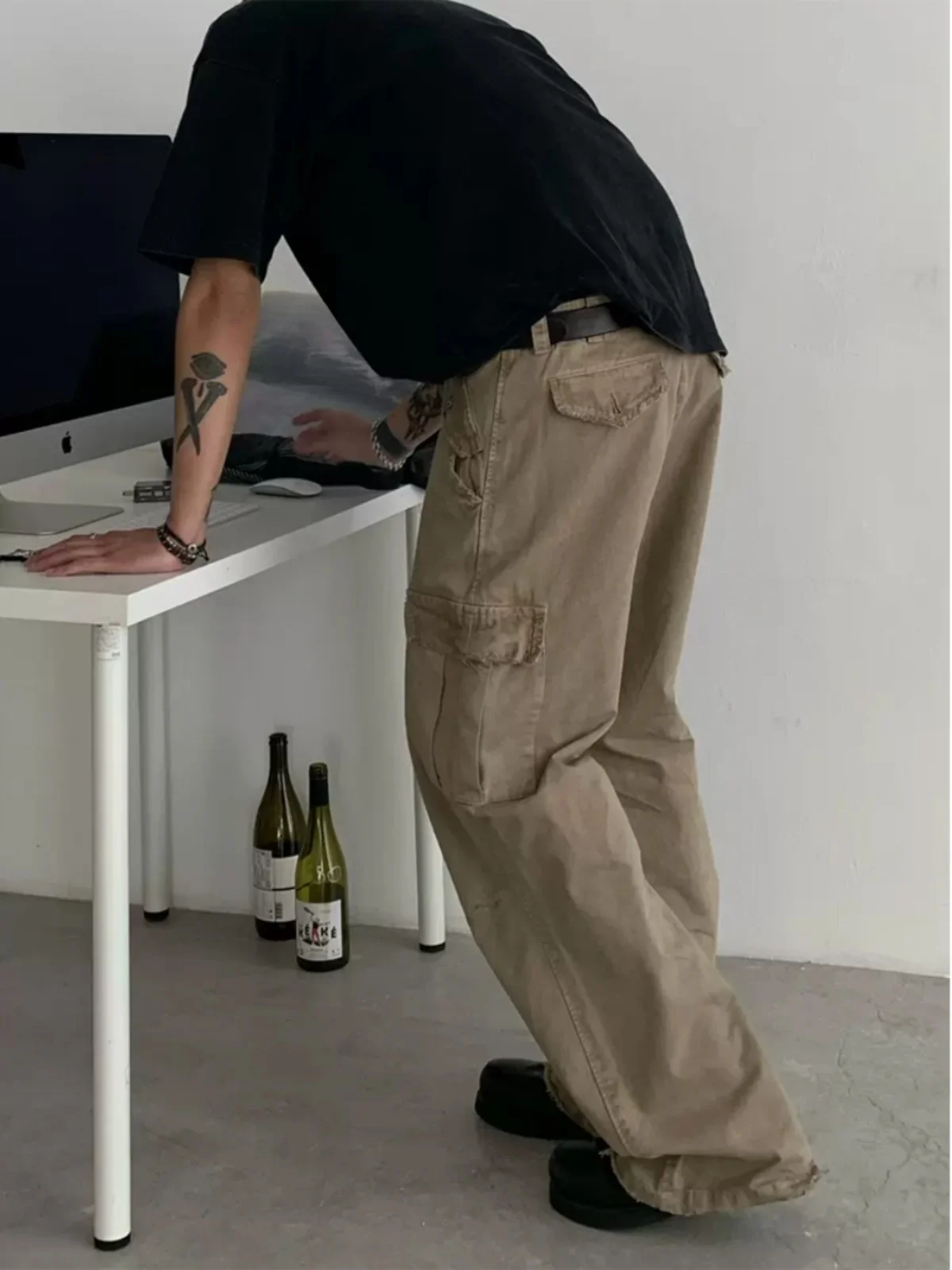 الرجعية الأمريكية Waed ضوء الكاكي خمر دمرت السراويل الساق المستقيمة مع كيتس ex عارضة ملابس العمل السراويل #3