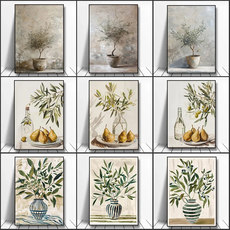 Italy Olive Tree Pear Vase Botanical Poster Canvas Painting Print Neutral Wall Art Nordic for Kitchen Bedroom Home Decor Gift