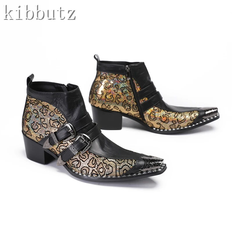 Luxury Metal Pointed Toe Mixed Colors Men Boots Genuine Leather Double Buckle High Heels Boots Male Party Dress Shoes