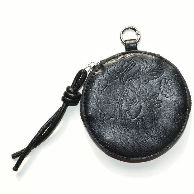 Vintage Embossed Circular Mini Storage Pouch, Black PU Leather Zipper Coin Bag, Portable Tiny Wallet for Daily Stuff